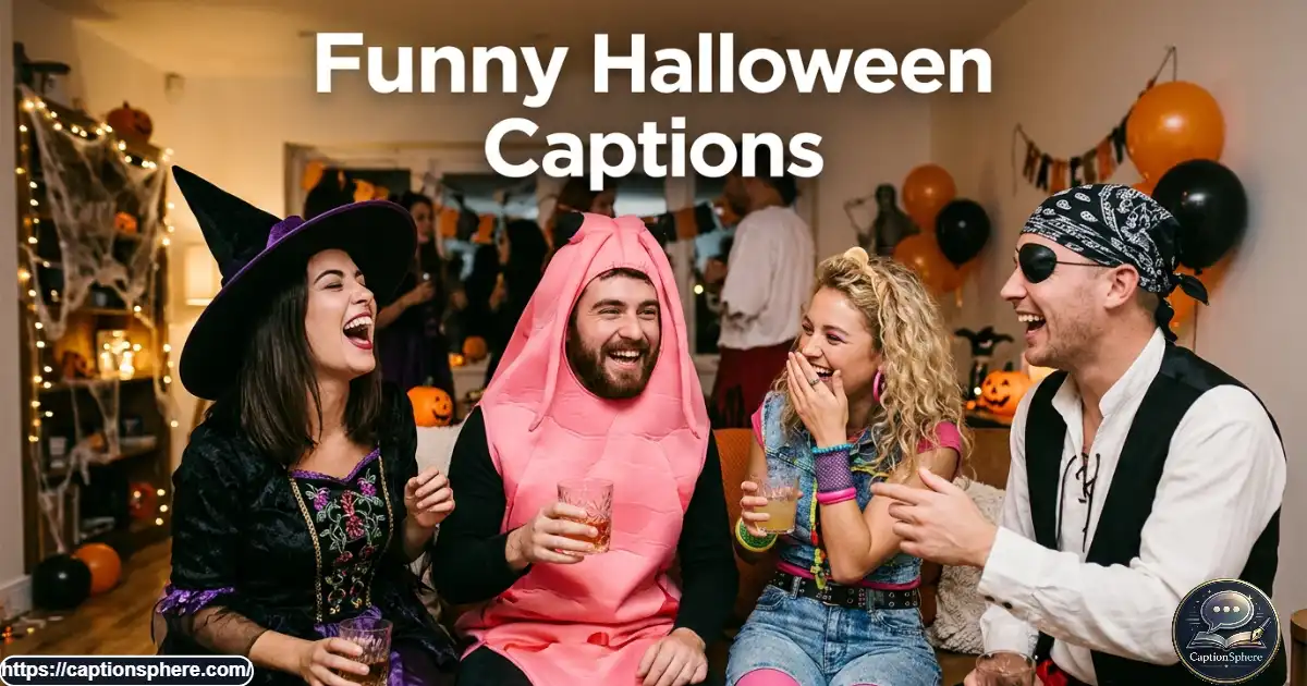 Friends laughing together in humorous Halloween costumes at a lively costume party.