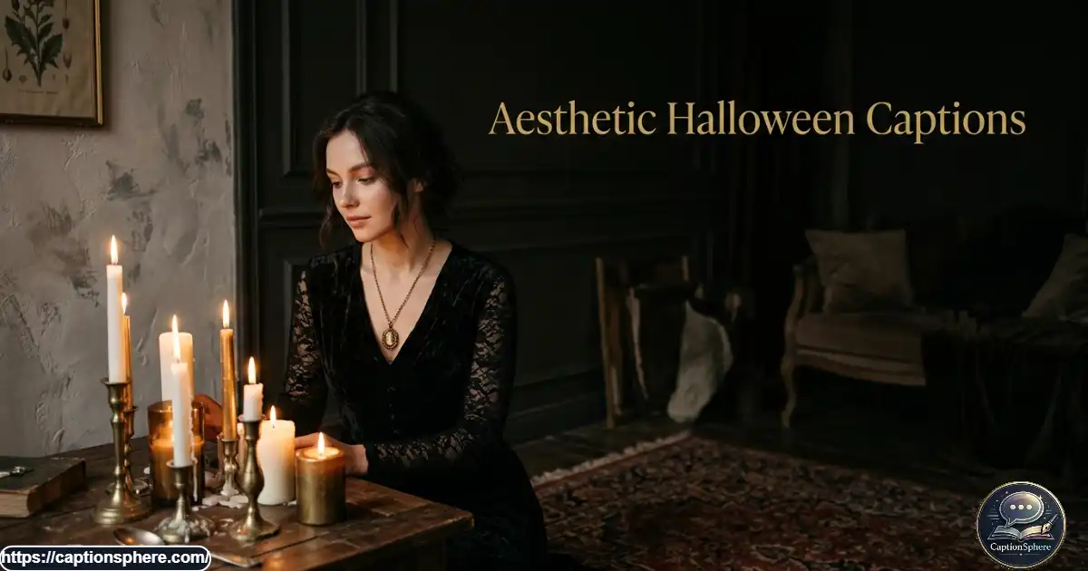 Elegant Halloween portrait featuring black clothing, candlelight, and moody shadows in a dim room.