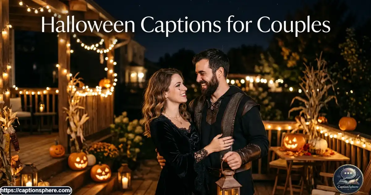 Couple in coordinated Halloween costumes smiling together beneath warm outdoor string lights.