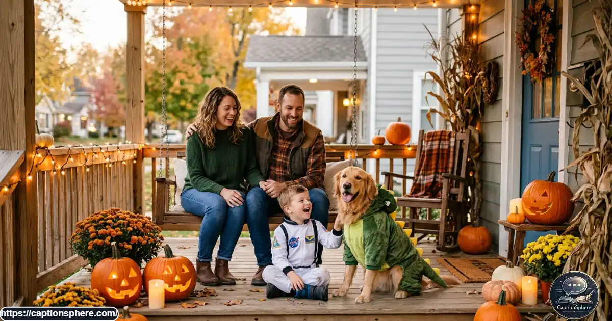 Create a realistic 16:9 editorial lifestyle photograph of a family with a child and a friendly dog wearing a comfortable, safe Halloween costume. Set the scene on a warmly lit front porch with pumpkins and autumn decorations. Use natural expressions, age-appropriate styling, and believable anatomy. Leave clear top-middle space for “Family Halloween Captions”. No logos, watermarks, or additional text.