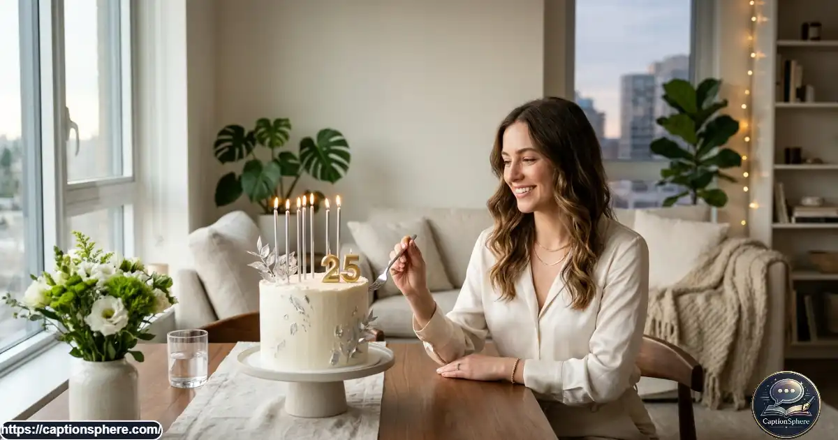 Woman celebrating her 25th birthday beside a decorated cake in a stylish, sunlit room.
