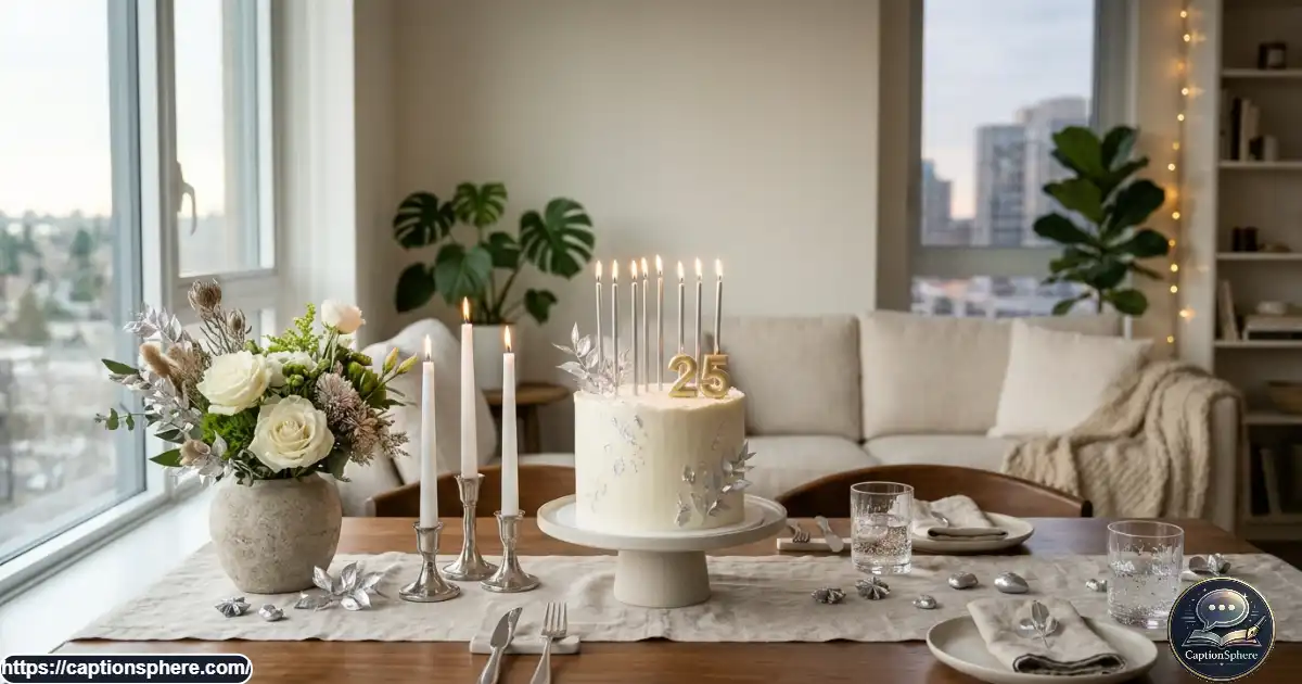 Elegant birthday cake with silver candles on a decorated table at a twenty-fifth birthday celebration.