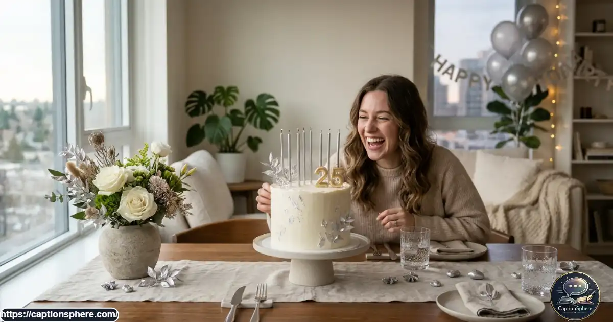 Young adult laughing beside a birthday cake with candles during a relaxed birthday party.