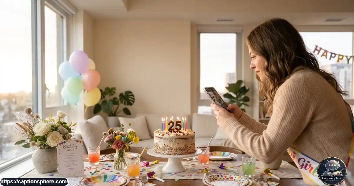 Young adult photographing a birthday cake and party table with a smartphone at a small celebration.