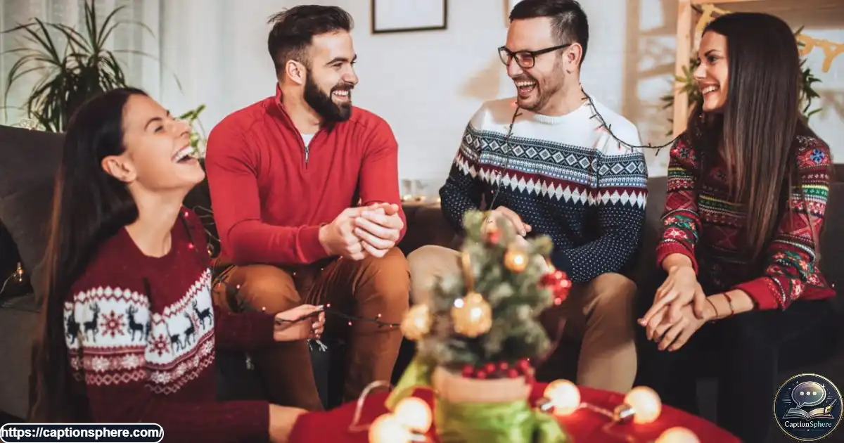 : Friends laughing beside a decorated Christmas tree in festive holiday sweaters.