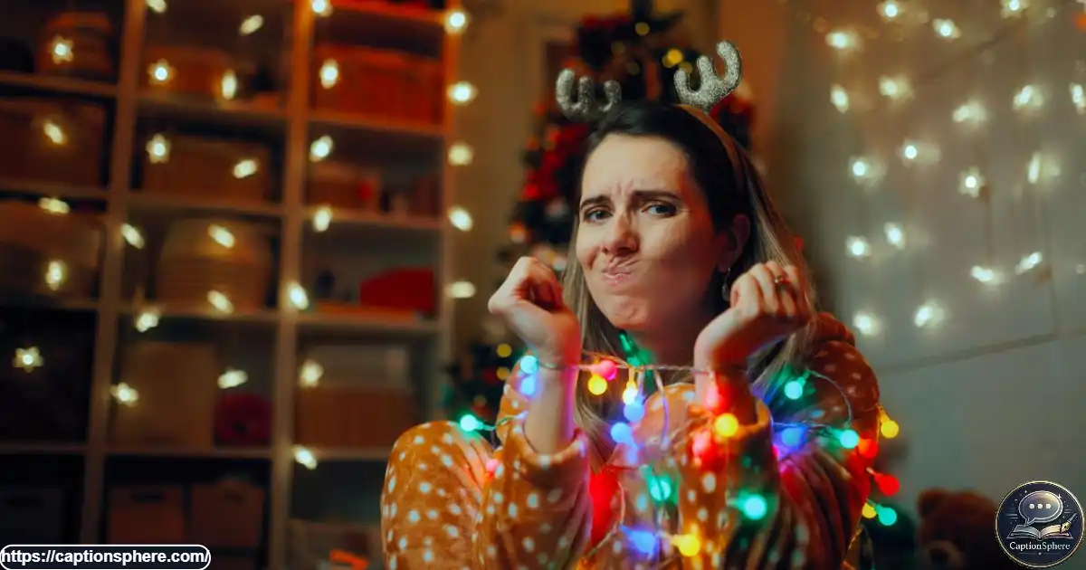 Person with a playful unimpressed expression surrounded by tangled Christmas lights.