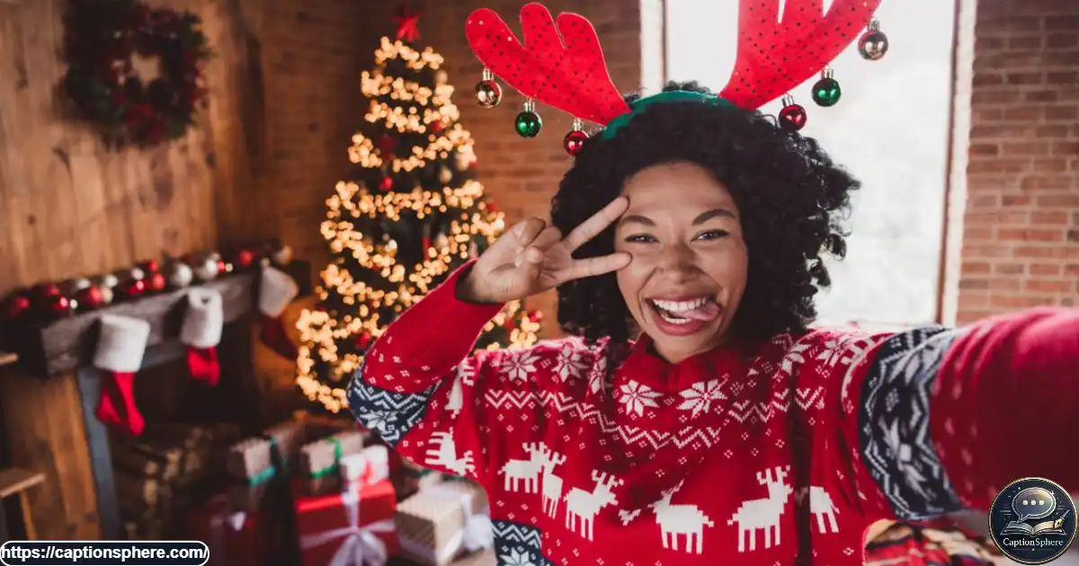 Adult taking a festive mirror selfie in a Christmas sweater beside a decorated tree.
