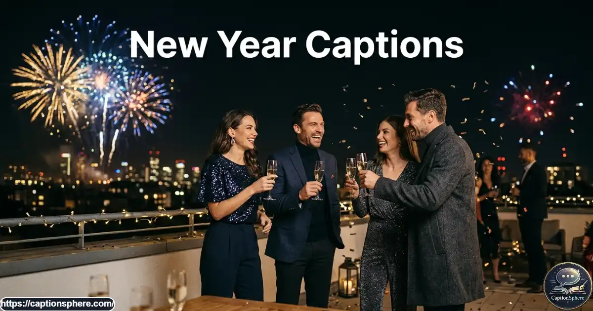 Friends celebrating New Year outdoors beneath colorful fireworks above a city skyline.