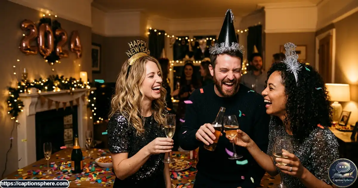 Friends laughing together at a lively New Year's Eve party with festive decorations.