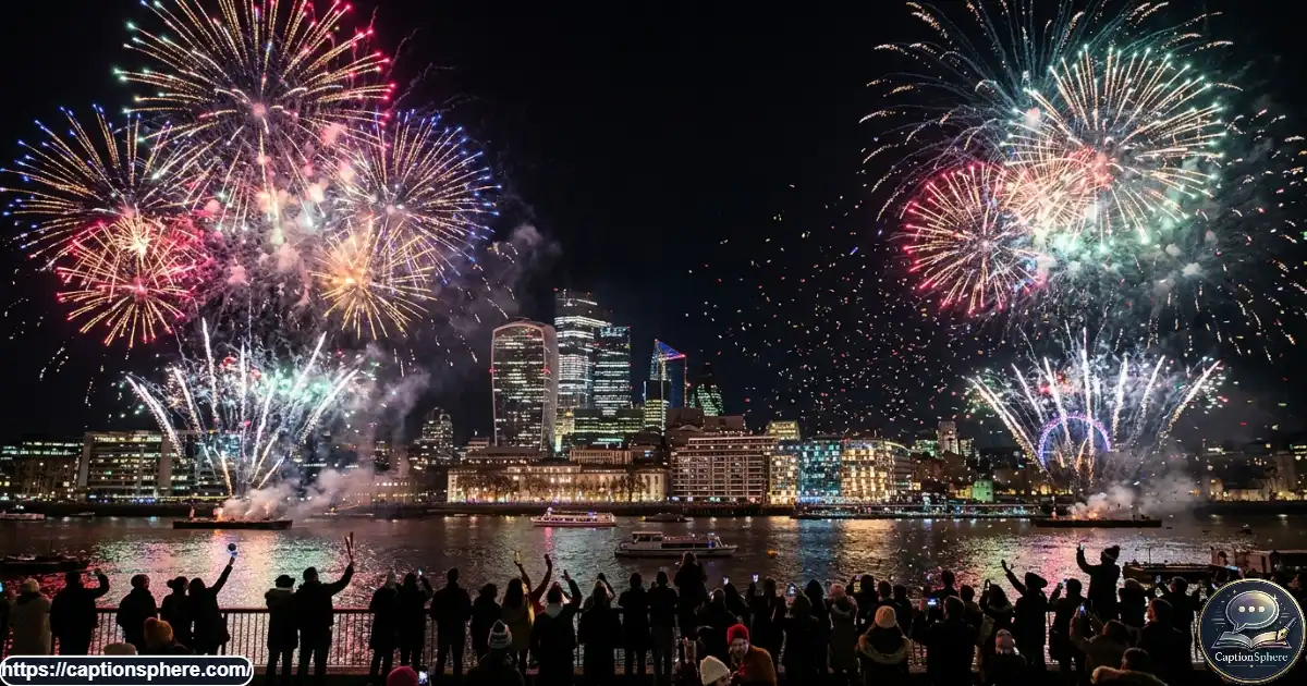 Colorful midnight fireworks light up a city skyline during a New Year's Eve celebration