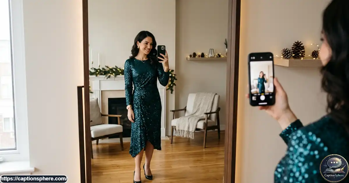 A stylish adult taking a mirror selfie in a festive outfit before a New Year celebration.