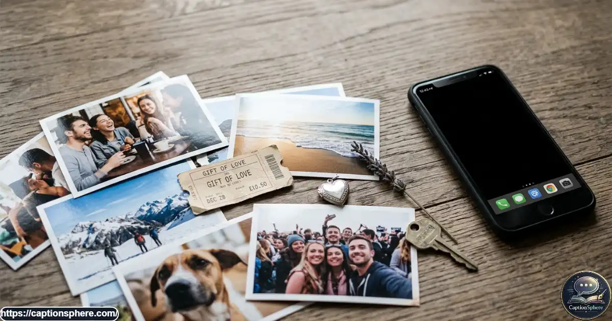 A phone displaying candid celebration photos beside printed snapshots and personal keepsakes.