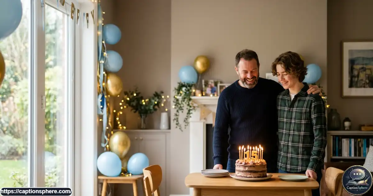 A father and teenage son smiling together over a birthday cake at home.