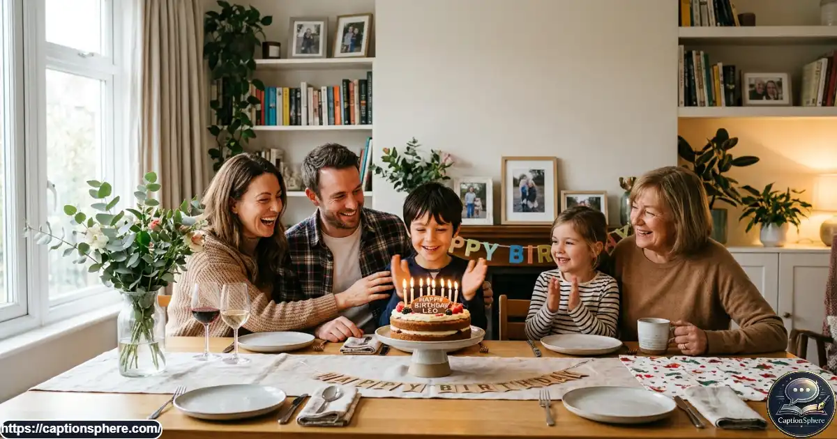 A smiling family gathers around a birthday cake for their son.
