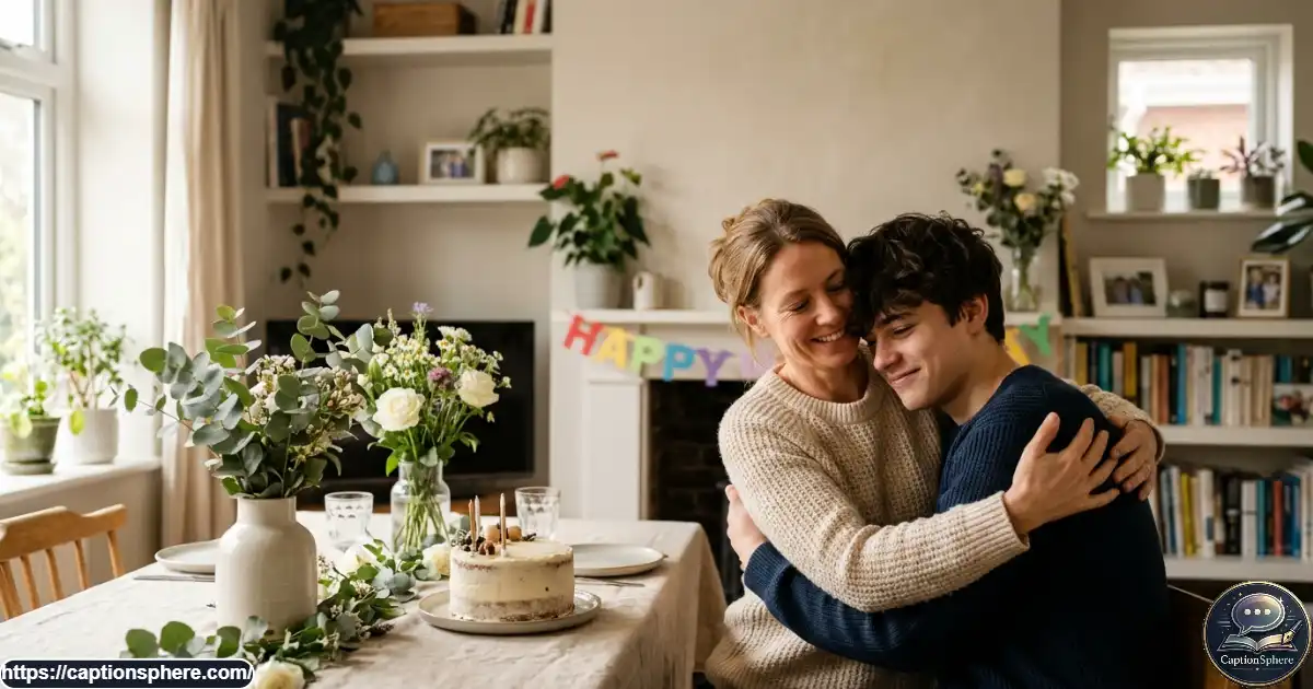 A mother hugs her son warmly during an intimate birthday celebration at home.