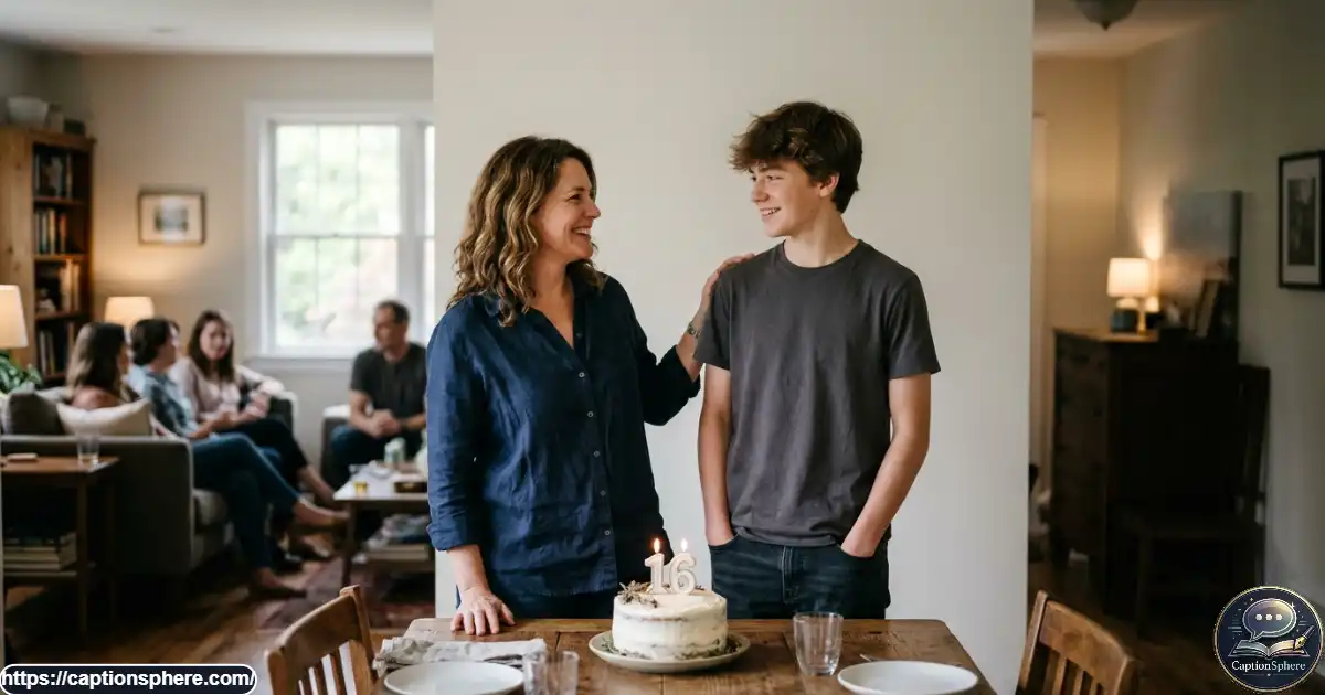 A proud mother smiles beside her son during his birthday celebration.