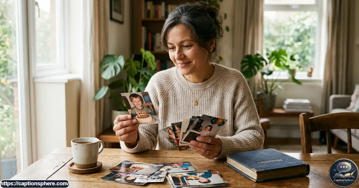 A parent looks through childhood birthday photographs of their son at home.