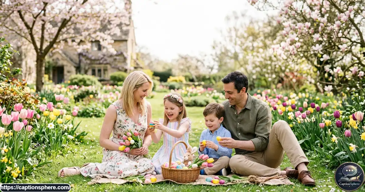 Family enjoying Easter outdoors with pastel eggs, spring flowers, and festive outfits.