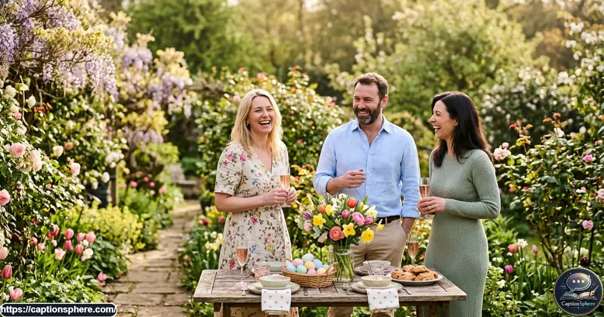 Friends enjoying a cheerful Easter gathering among spring flowers and pastel decorations.