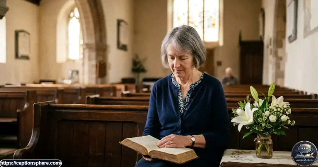 Churchgoer holding an open Bible beside spring flowers in soft morning light.