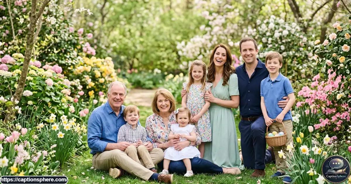 Multigenerational family smiling together for an Easter portrait in a spring garden.