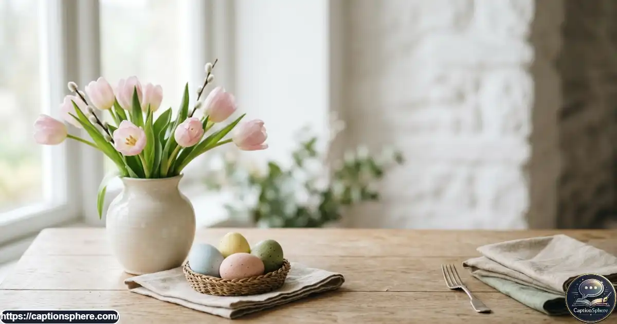 Pastel Easter eggs, delicate tulips, linen fabric, and a ceramic vase on a sunlit table.