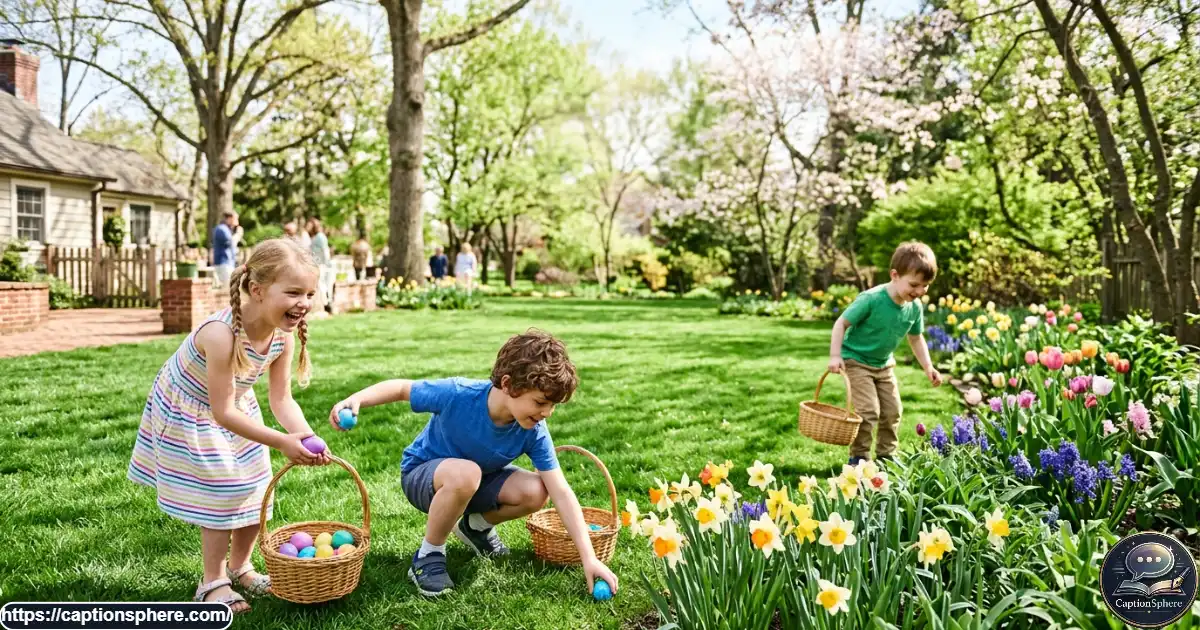 Children searching for colorful Easter eggs in a grassy backyard with baskets.