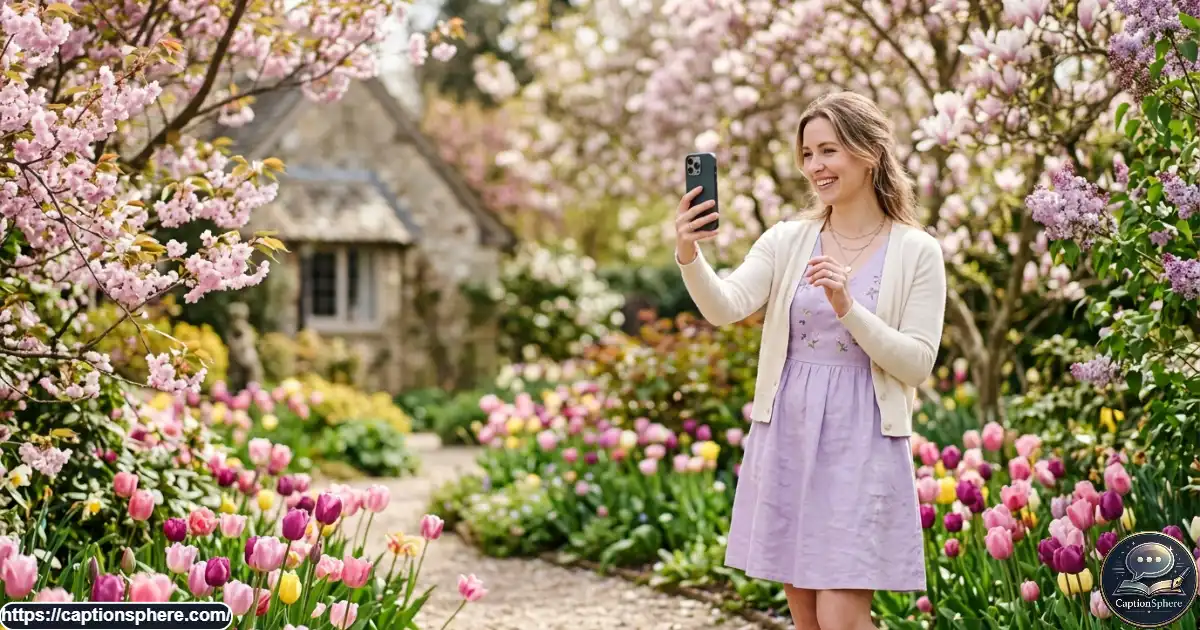 Woman wearing an elegant pastel spring outfit taking a selfie in a flower-filled garden.