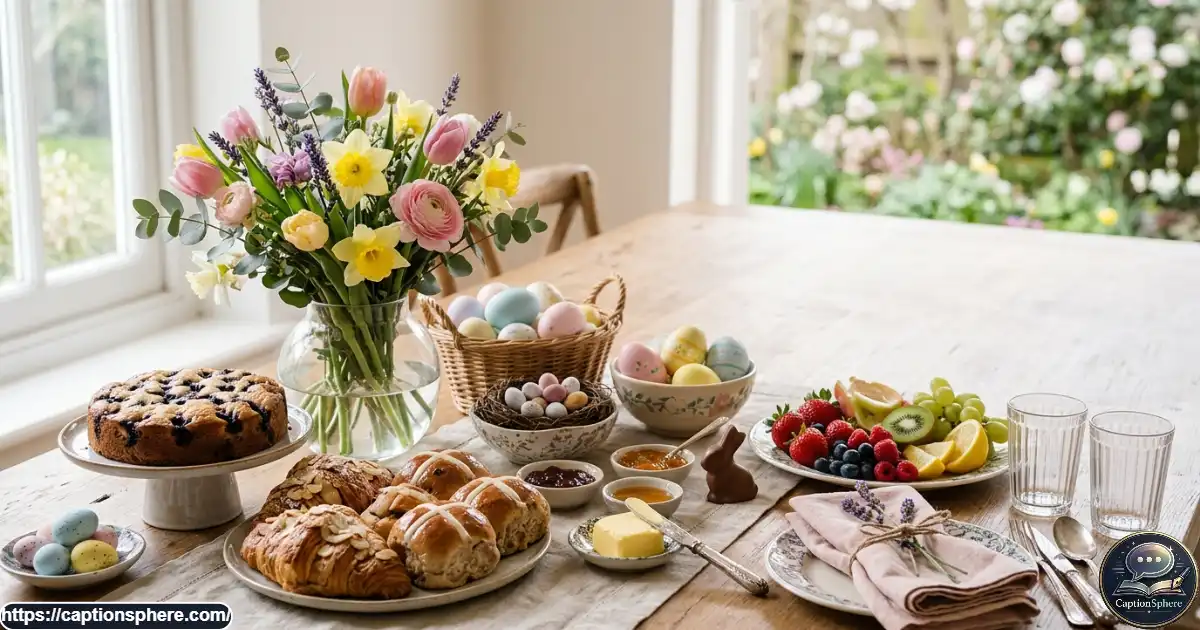 Easter brunch table with decorated eggs, pastries, chocolate treats, and spring flowers.