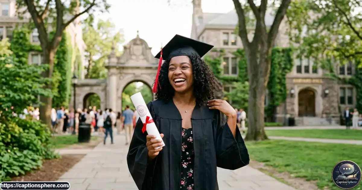 Graduate laughing in a cap and gown while celebrating with a diploma on campus.