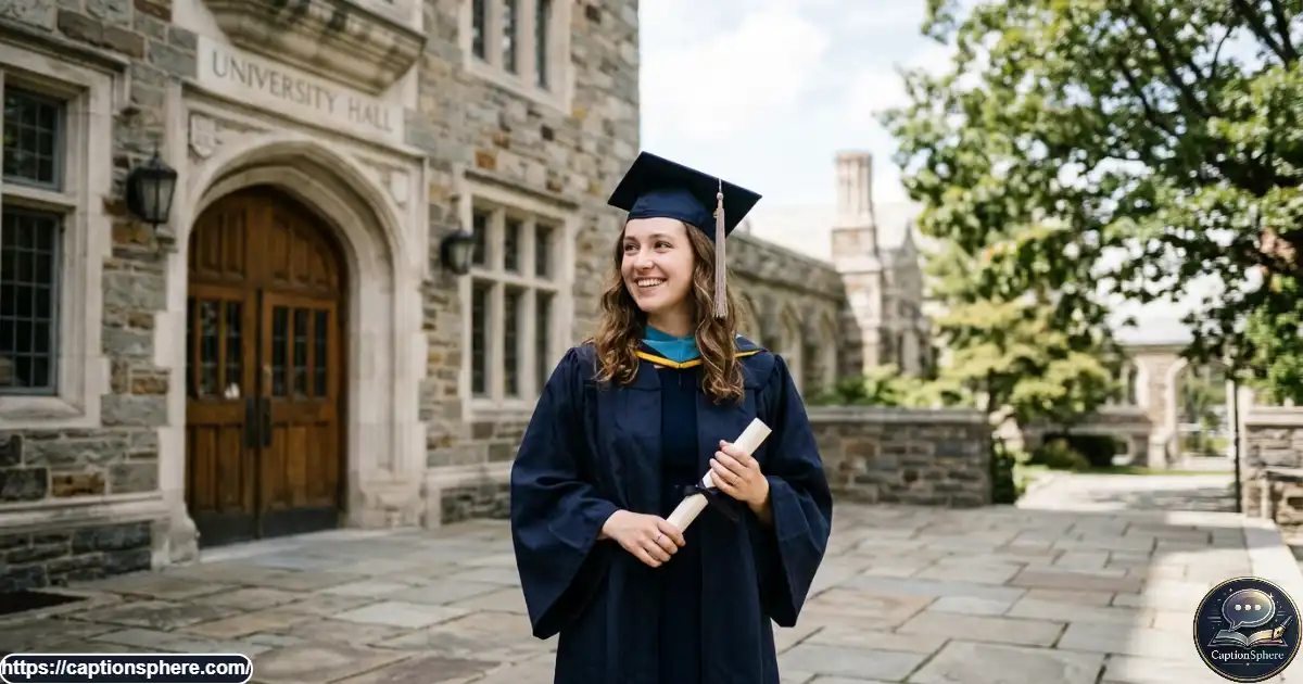 Graduate wearing a cap and gown with a playful smile while holding a diploma.
