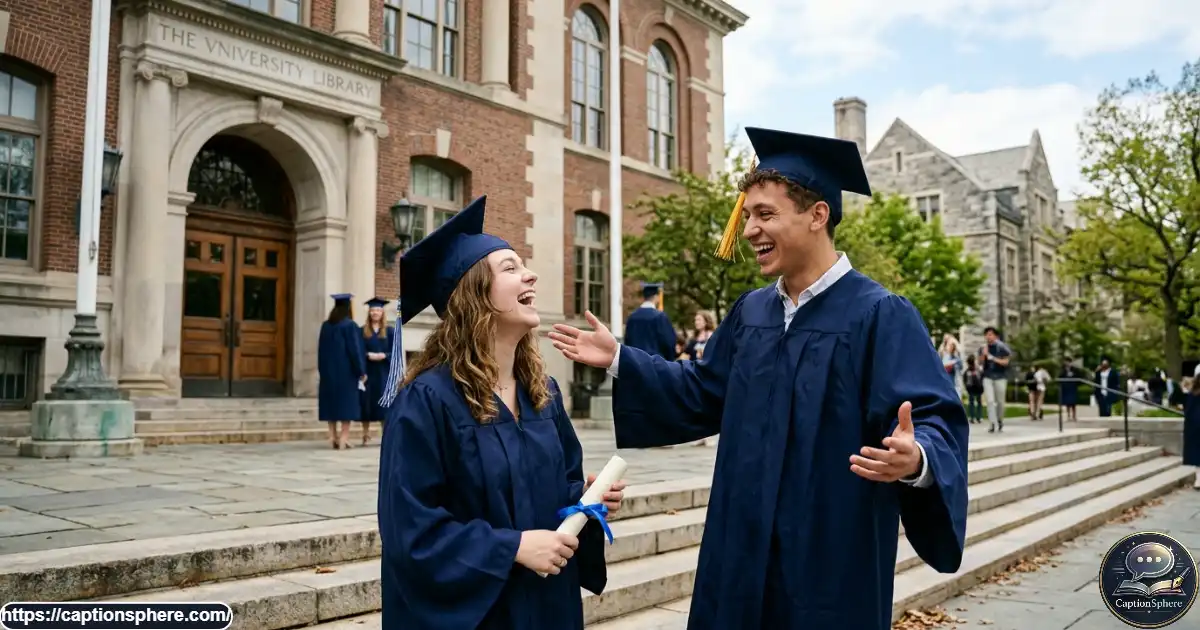 Two college graduates laughing together outside a university library after commencement.