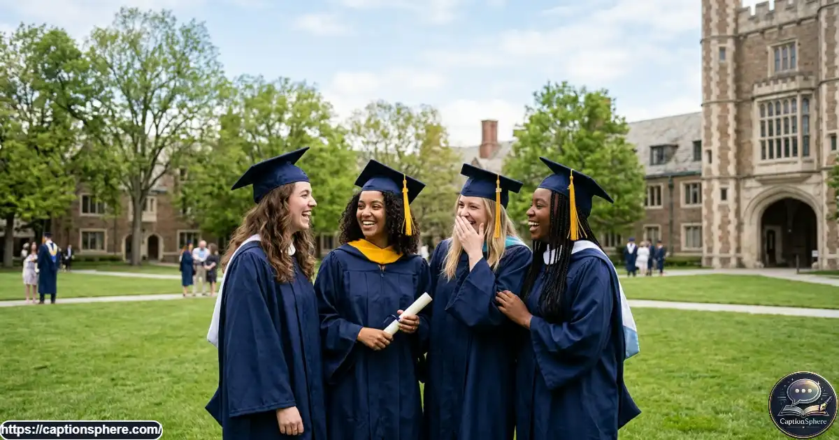 A group of graduating friends laughing together while holding their diplomas outdoors.