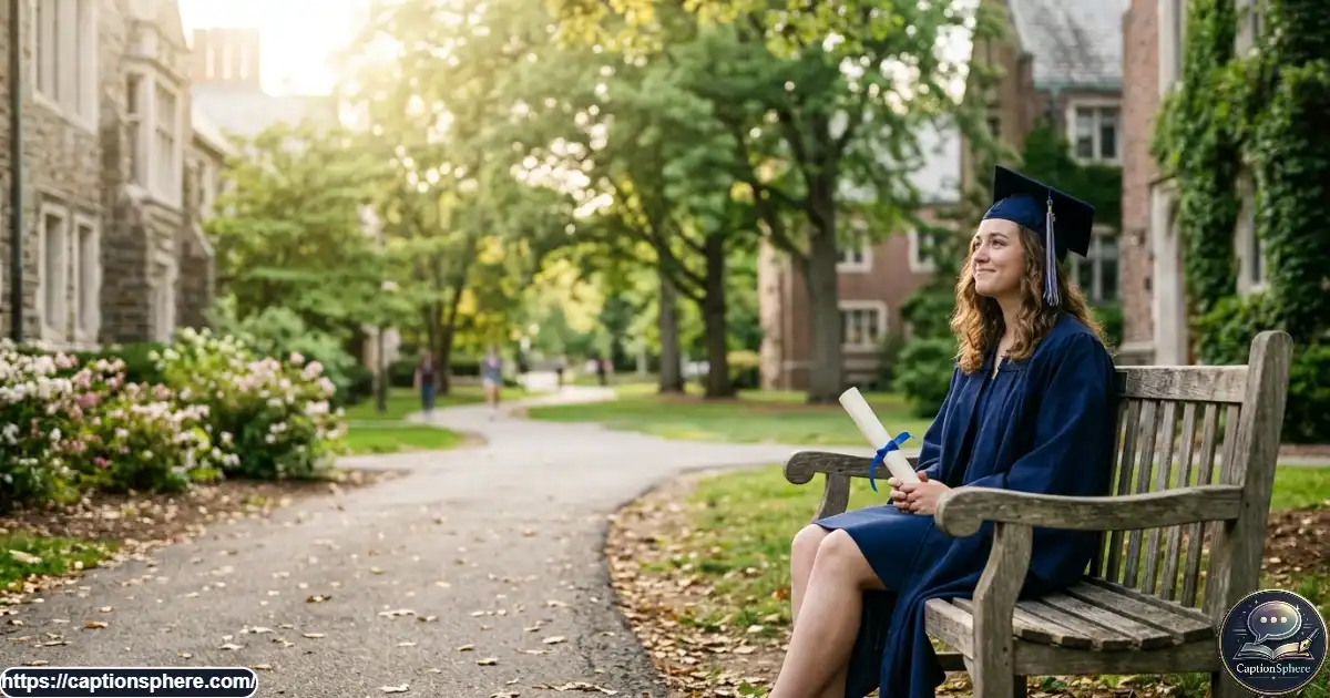 Recent graduate sitting on a campus bench with a diploma and a thoughtful smile.
