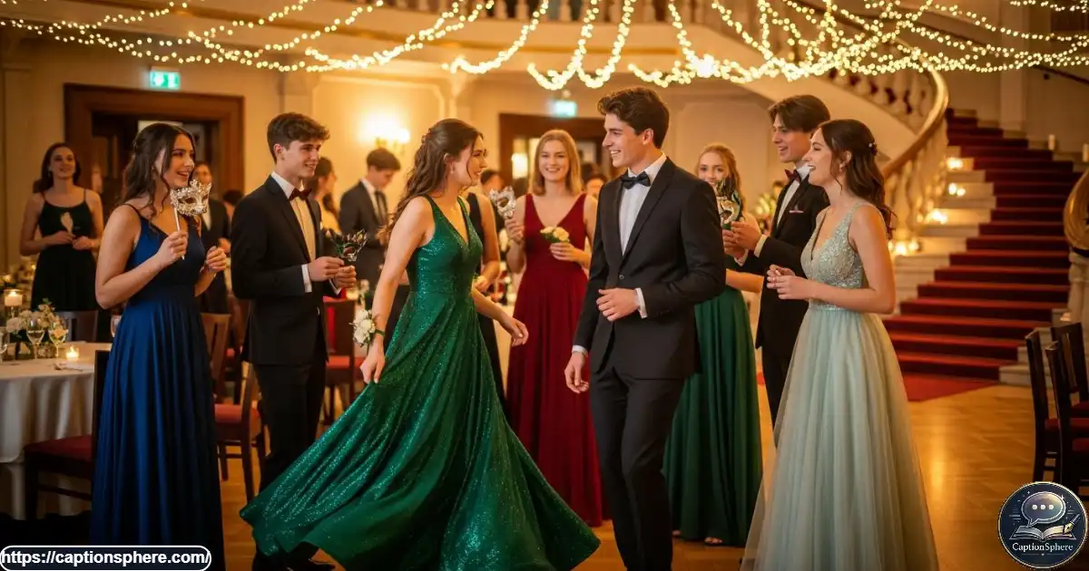 High school students in elegant formalwear celebrating prom night under warm evening lights.