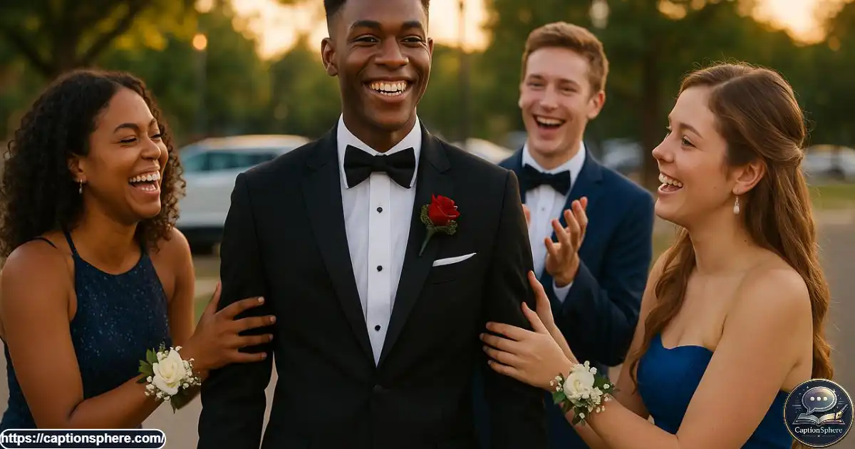 Friends in prom outfits laughing together during a spontaneous moment at the dance.