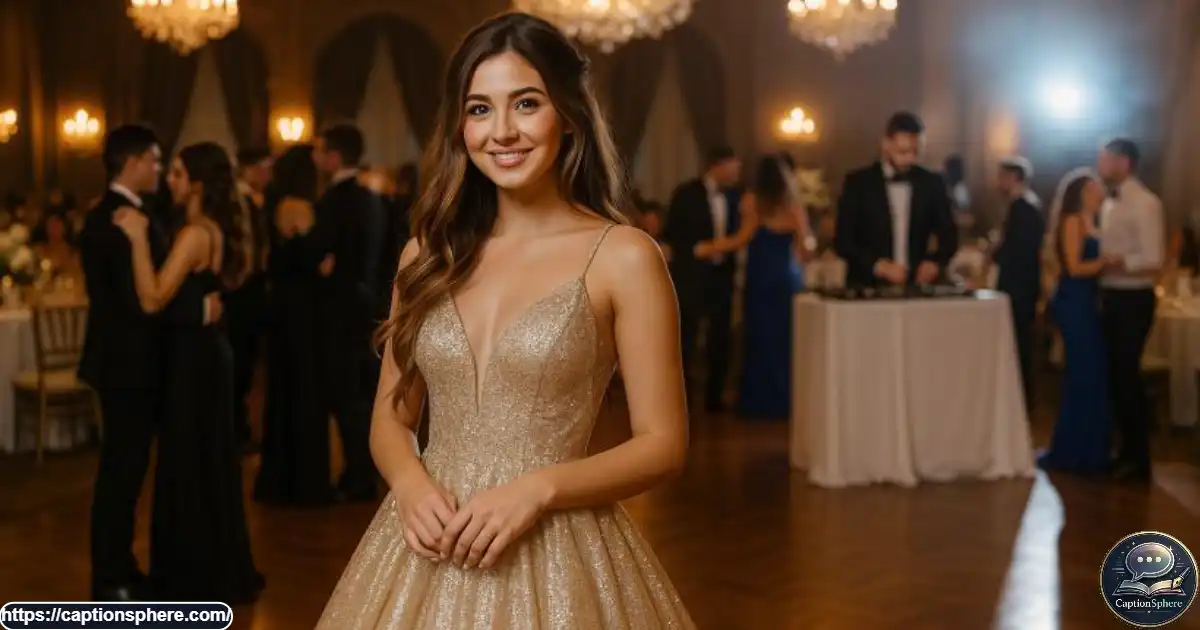 Student in an elegant formal gown posing beneath soft golden ballroom lighting.