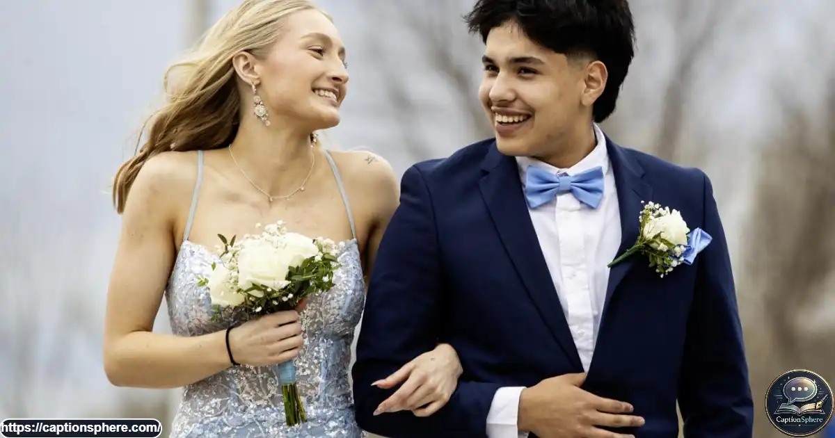 Prom couple in formal outfits smiling together outdoors at twilight.