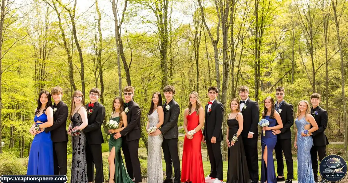 High school seniors in formalwear sharing a nostalgic moment outside their school at dusk.