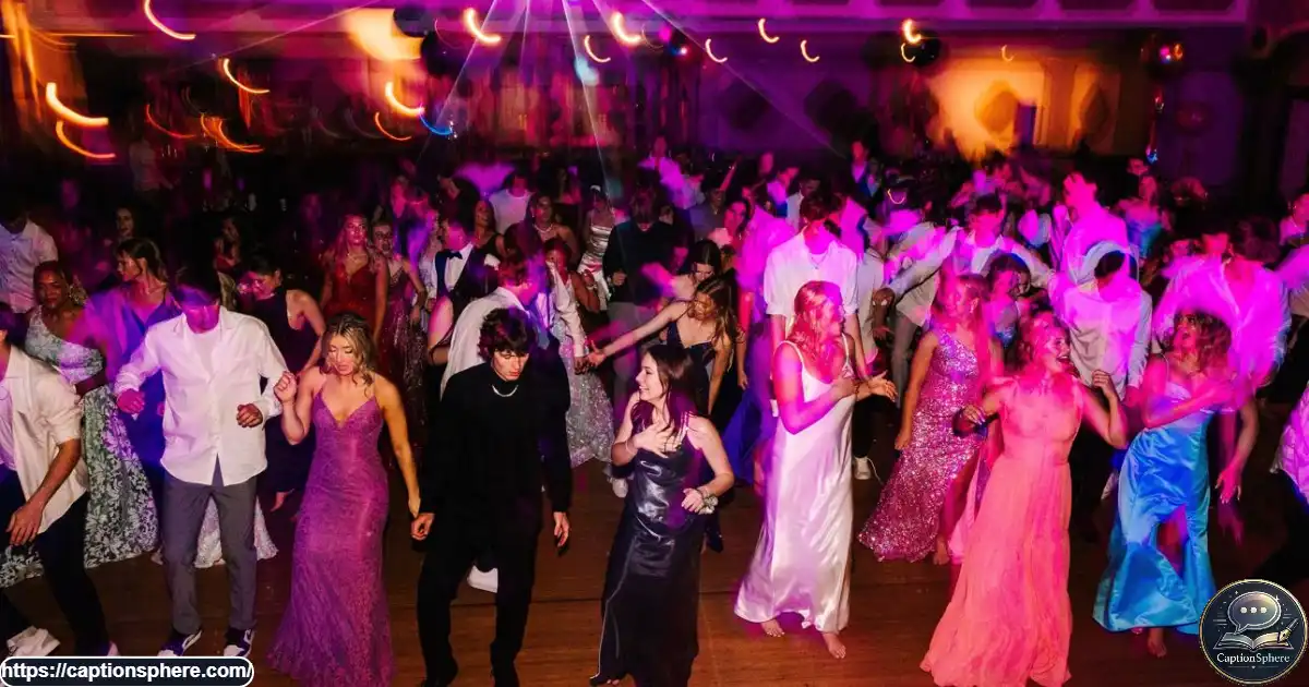 Students in formal prom outfits dancing beneath colorful lights in a lively school ballroom.