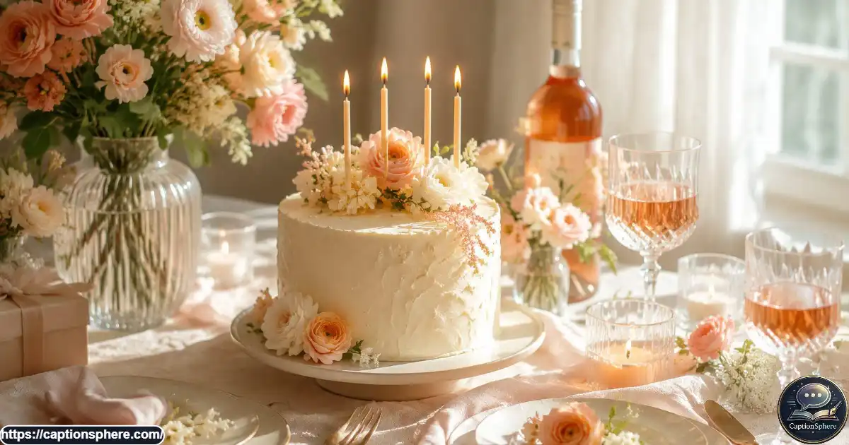 Create a photorealistic 16:9 birthday flat lay with a petite frosted cake