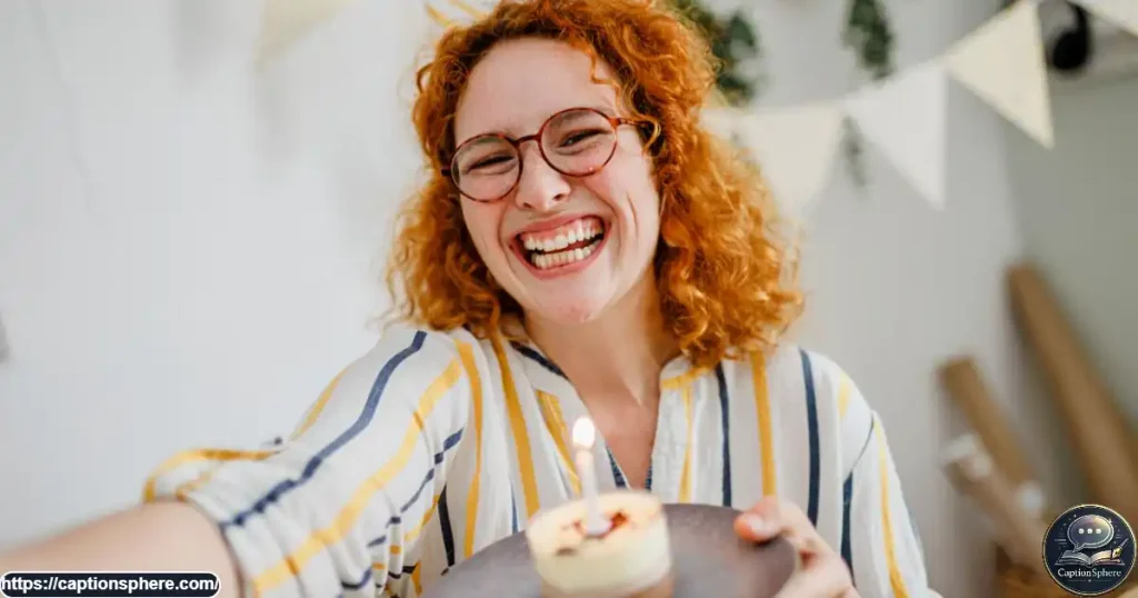 Create a photorealistic 16:9 close-up birthday portrait of a person smiling