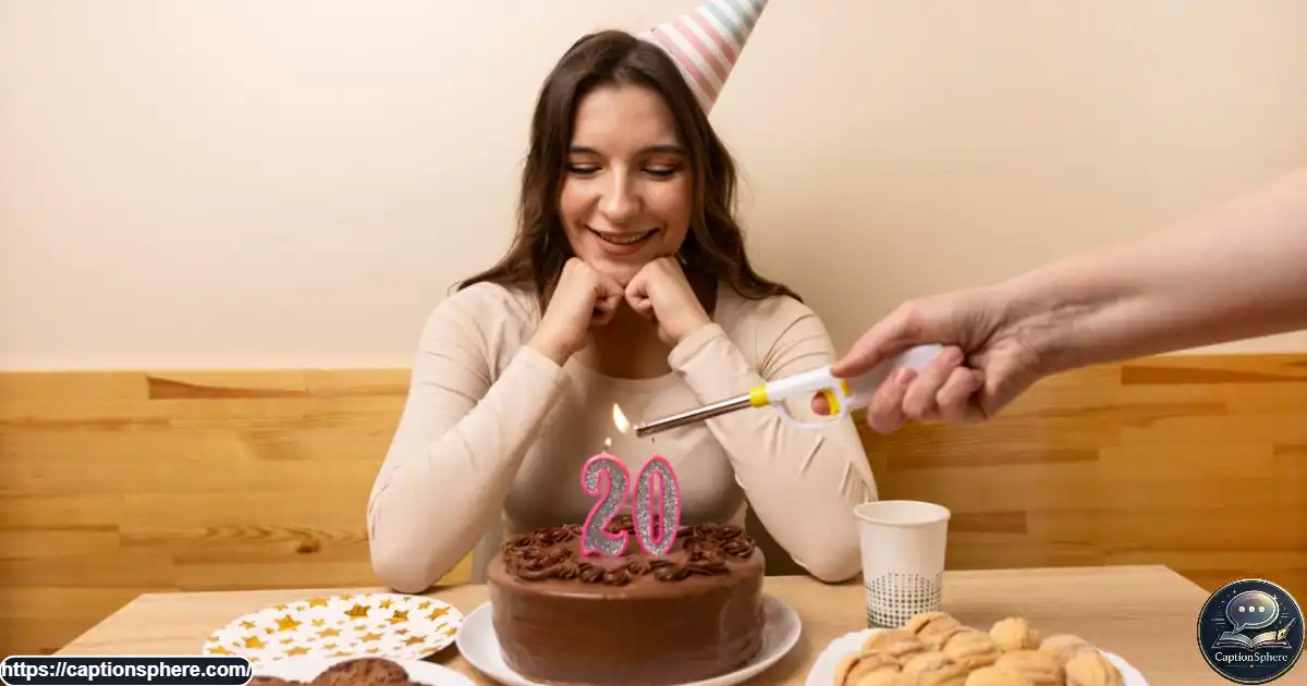 Young adult celebrating a twentieth birthday beside a candlelit cake at a stylish party.