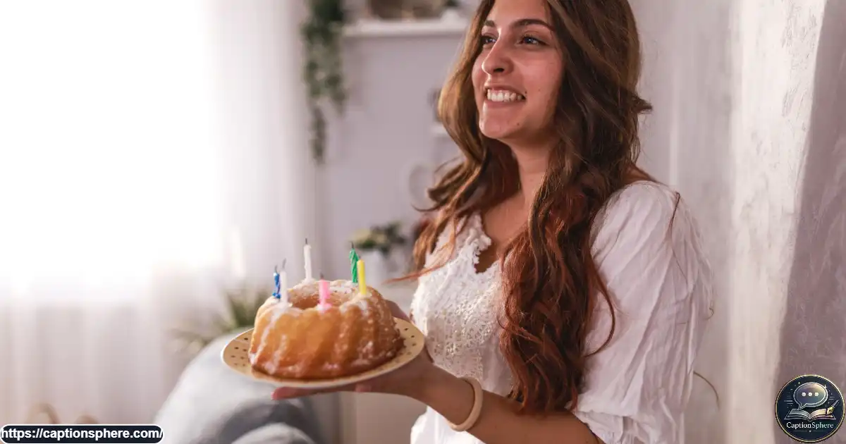 Young adult holding a small birthday cake while celebrating alone at home.