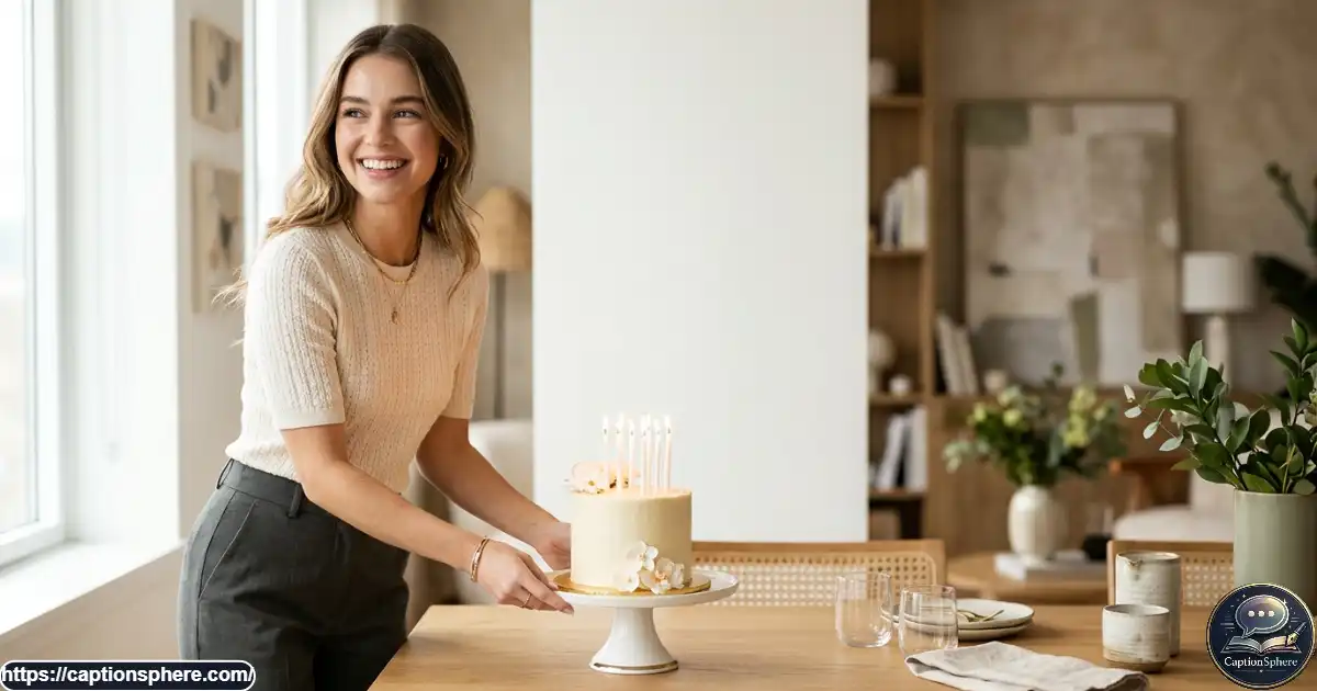 Young adult celebrating a 22nd birthday with cake, candles, and a stylish birthday outfit.