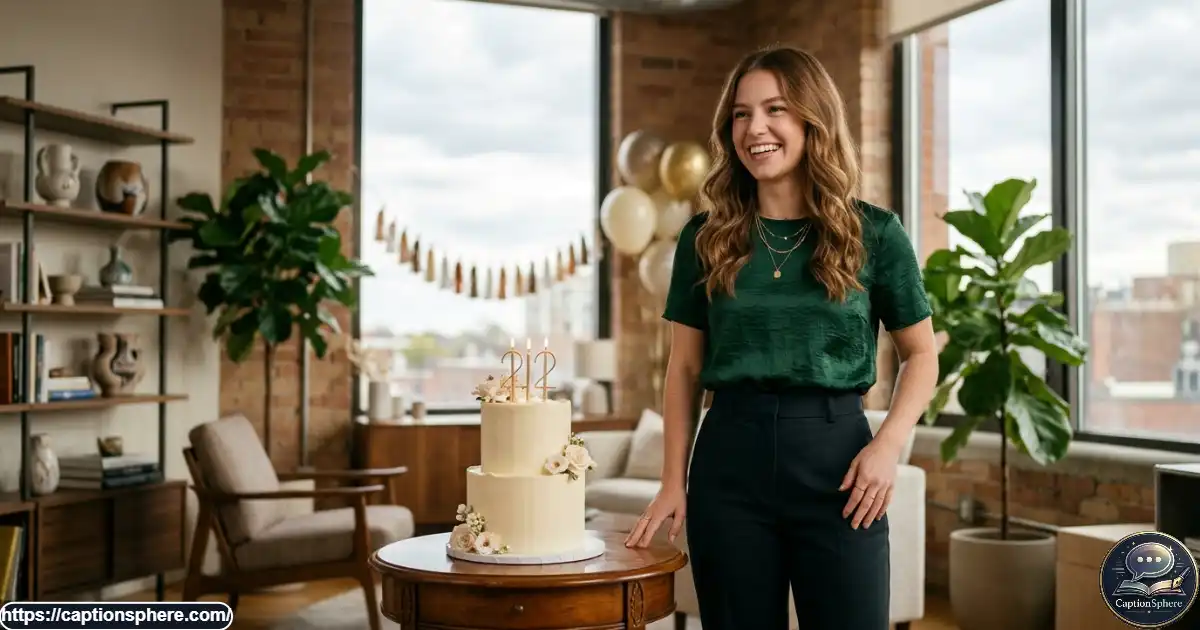 Stylish young adult posing beside a birthday cake during an intimate 22nd birthday celebration.