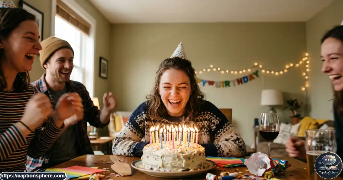 Young adult laughing beside a birthday cake with candles during a playful birthday celebration.