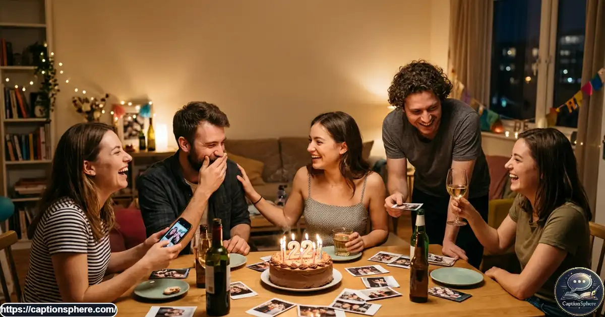 Birthday celebration with friends, cake, candid photographs, and memorable moments from turning 22.