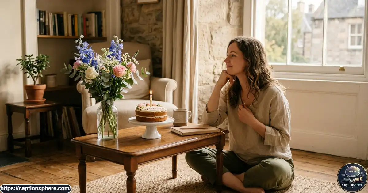 Young adult enjoying a quiet birthday moment beside a small cake and flowers at home.