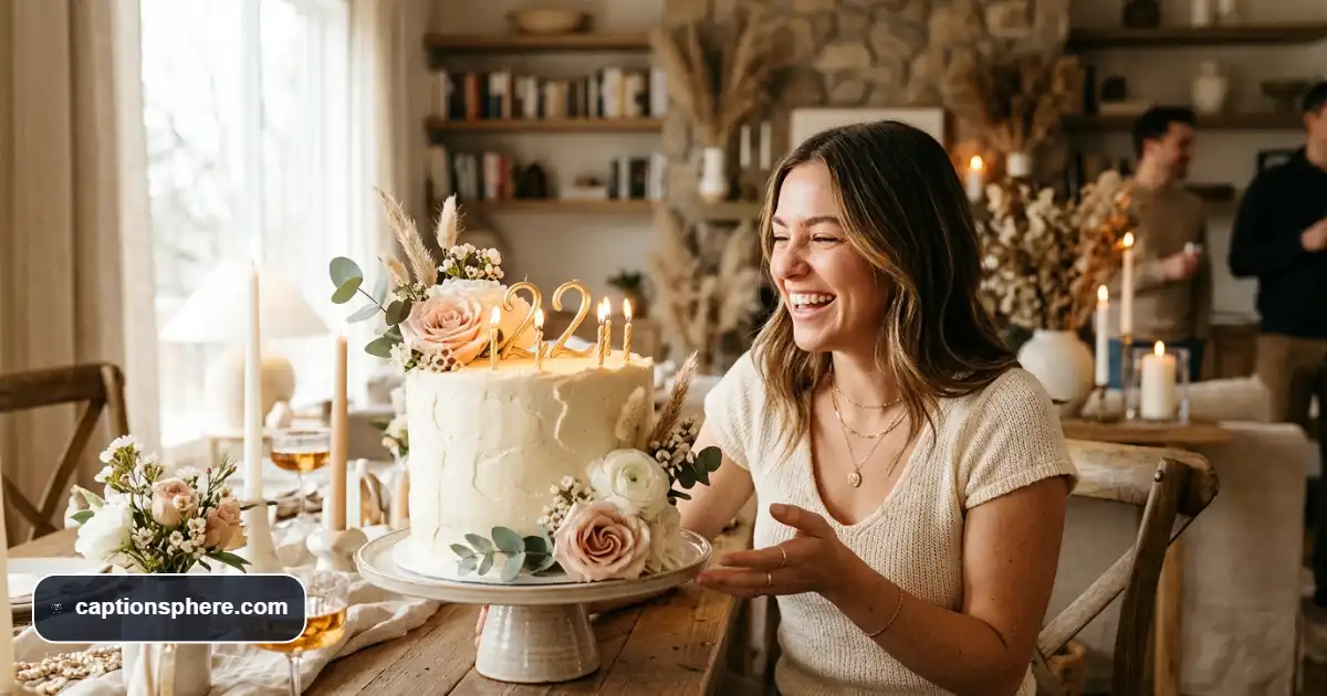 Young adult celebrating a 22nd birthday with cake, candles and elegant party decorations.